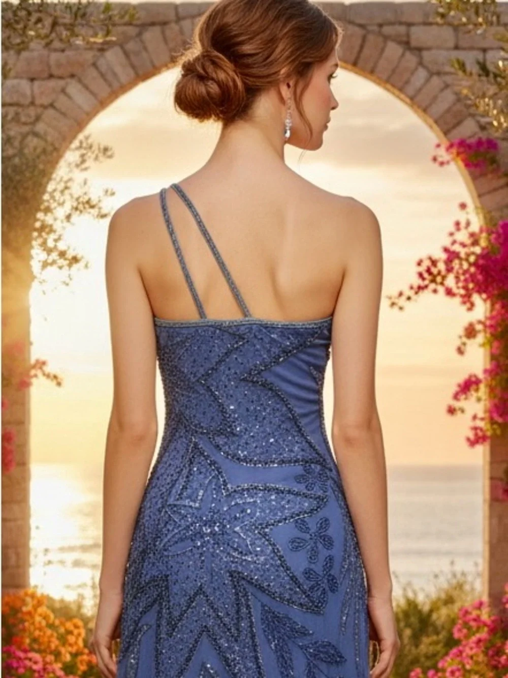 One-Shoulder‎ hand Beaded Dress in periwinkle Blue high low hem stretch fabric